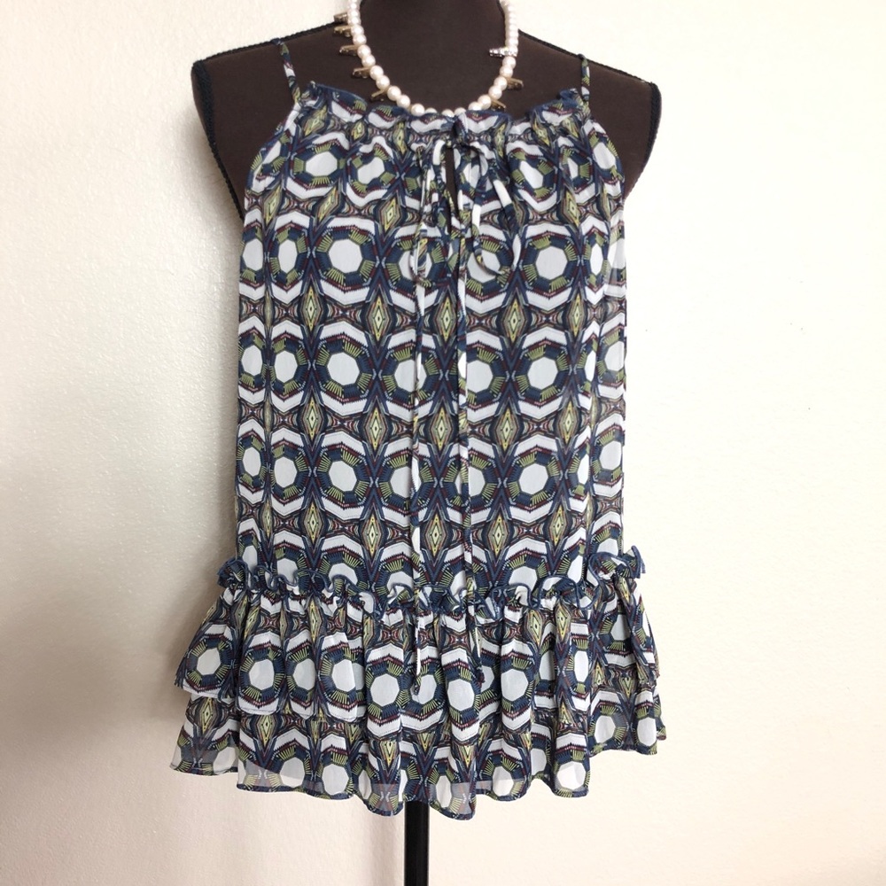 RO & DE Multi Color Print Sheer Raffles Hem Tank Top Blouse